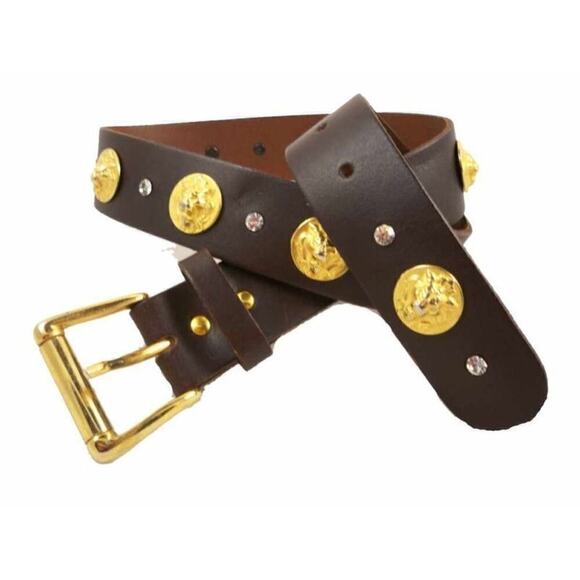 Campagnie Express Womens Brown Leather Belt w Brass Lion Studded Italy S - Picture 1 of 6